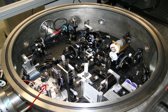 Fig. 2: Experimental setup for THz time-domain spectroscopy. The red arrow indicates where the THz microscope is located.
